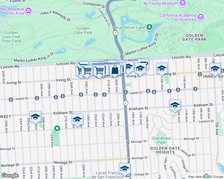 map of restaurants, bars, coffee shops, grocery stores, and more near 1351 21st Avenue in San Francisco