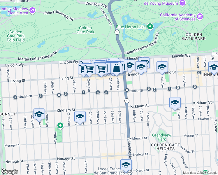 map of restaurants, bars, coffee shops, grocery stores, and more near 1351 21st Avenue in San Francisco
