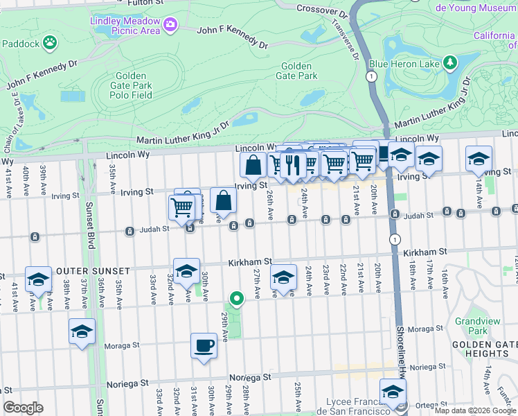 map of restaurants, bars, coffee shops, grocery stores, and more near 1334 27th Avenue in San Francisco