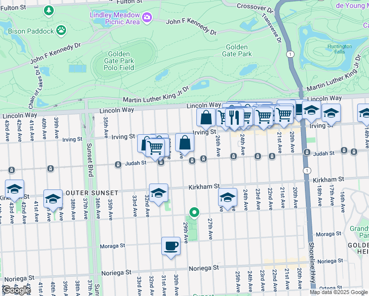 map of restaurants, bars, coffee shops, grocery stores, and more near 1331 28th Avenue in San Francisco