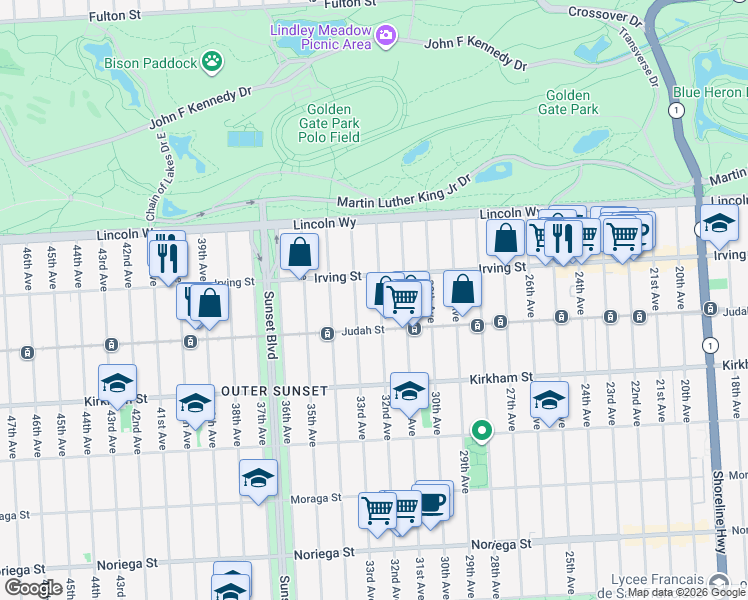 map of restaurants, bars, coffee shops, grocery stores, and more near 1319 32nd Avenue in San Francisco