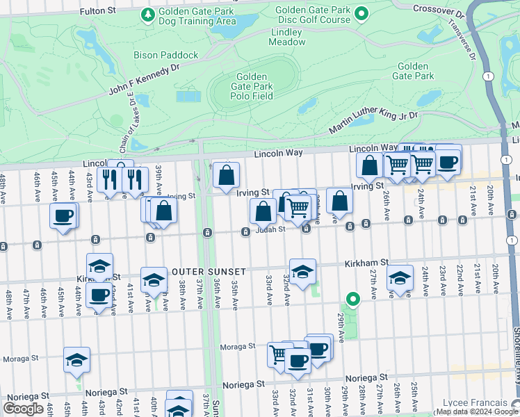 map of restaurants, bars, coffee shops, grocery stores, and more near 1314 34th Avenue in San Francisco