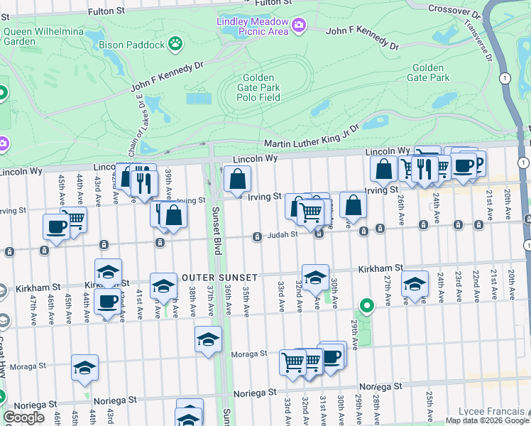 map of restaurants, bars, coffee shops, grocery stores, and more near 1314 34th Avenue in San Francisco