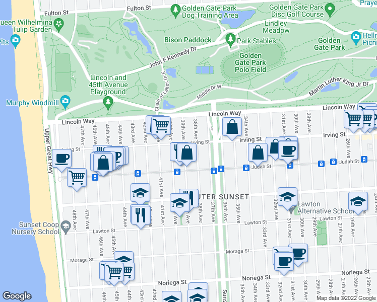 map of restaurants, bars, coffee shops, grocery stores, and more near 3701 Irving Street in San Francisco