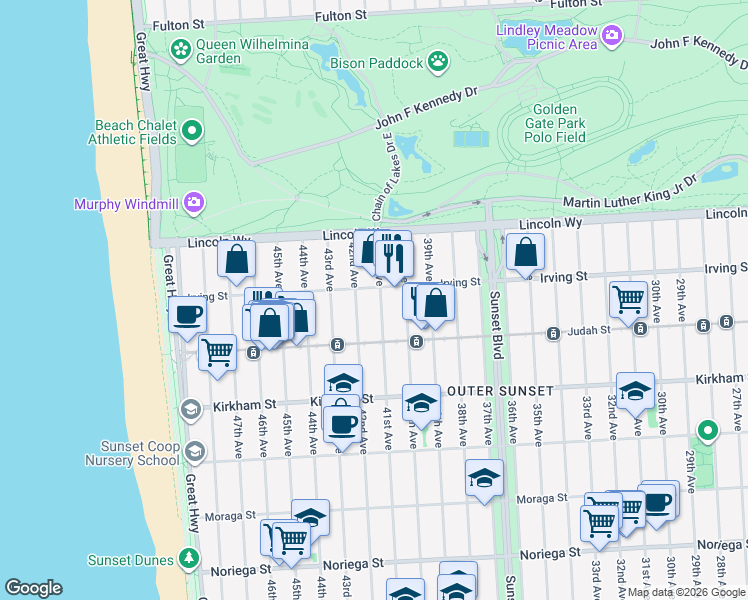 map of restaurants, bars, coffee shops, grocery stores, and more near 3947 Irving Street in San Francisco