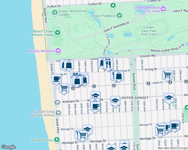 map of restaurants, bars, coffee shops, grocery stores, and more near 4100 Irving Street in San Francisco