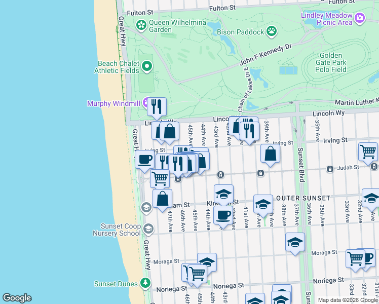 map of restaurants, bars, coffee shops, grocery stores, and more near 1290 45th Avenue in San Francisco