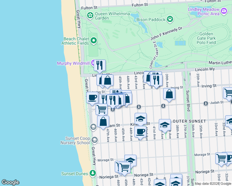 map of restaurants, bars, coffee shops, grocery stores, and more near 1290 45th Avenue in San Francisco
