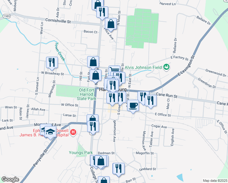 map of restaurants, bars, coffee shops, grocery stores, and more near in Harrodsburg