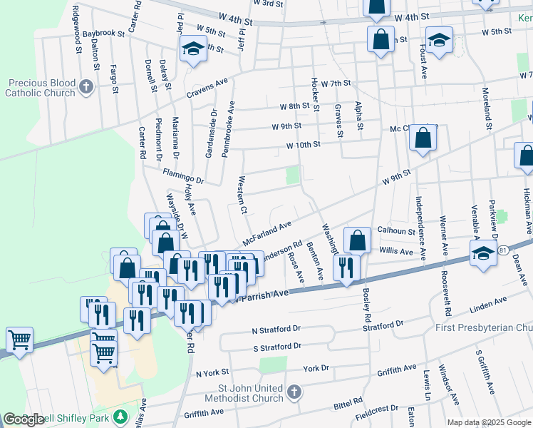 map of restaurants, bars, coffee shops, grocery stores, and more near 1200 Hutch Lane in Owensboro