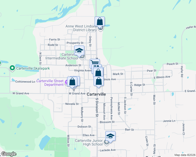 map of restaurants, bars, coffee shops, grocery stores, and more near 113 North Division Street in Carterville