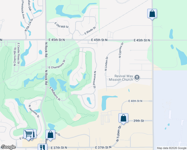 map of restaurants, bars, coffee shops, grocery stores, and more near 4322 North Ironwood Street in Wichita