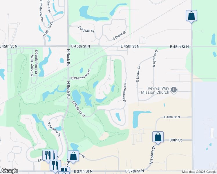 map of restaurants, bars, coffee shops, grocery stores, and more near 4346 North Spyglass Court in Wichita