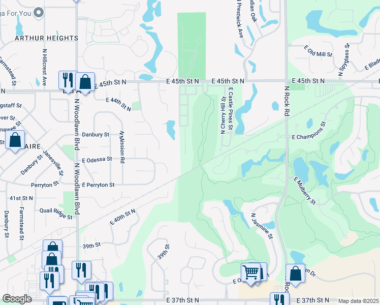 map of restaurants, bars, coffee shops, grocery stores, and more near 4318 Barton Creek Circle in Wichita