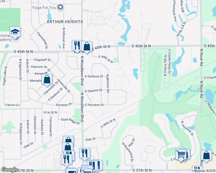 map of restaurants, bars, coffee shops, grocery stores, and more near 4326 North Mission Road in Bel Aire