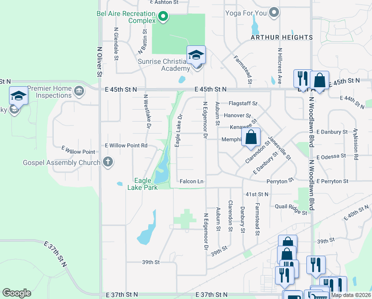 map of restaurants, bars, coffee shops, grocery stores, and more near 4386 Eagle Lake Court in Bel Aire