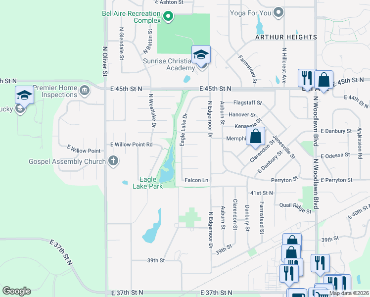 map of restaurants, bars, coffee shops, grocery stores, and more near 4386 Eagle Lake Court in Bel Aire