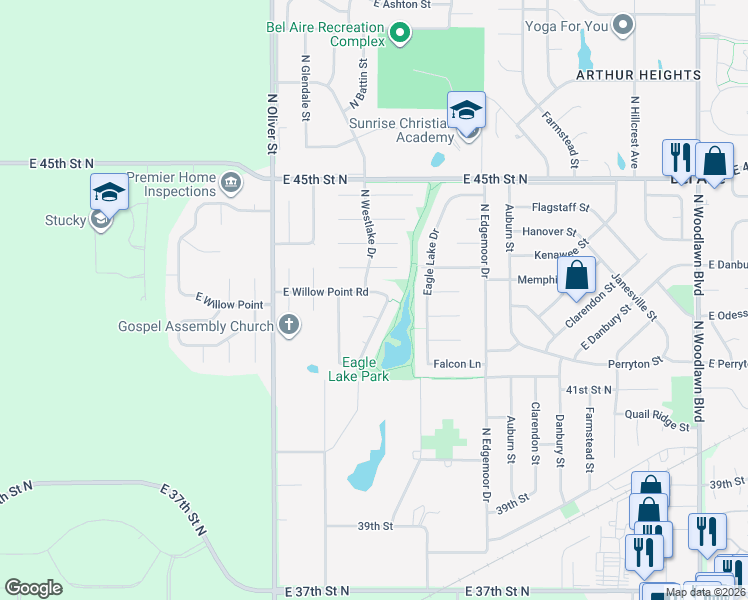 map of restaurants, bars, coffee shops, grocery stores, and more near 5116 East Willow Point Road in Bel Aire