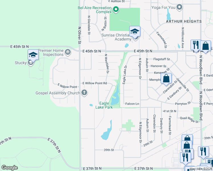 map of restaurants, bars, coffee shops, grocery stores, and more near 5116 East Willow Point Road in Bel Aire