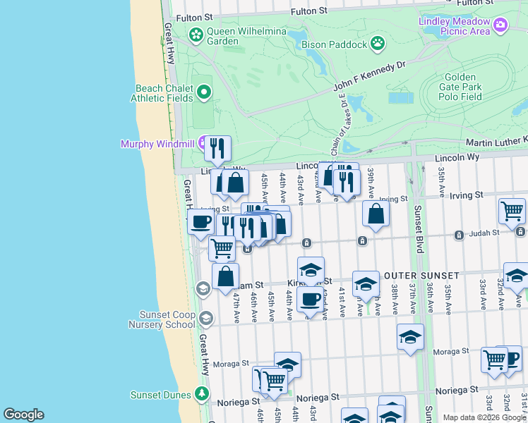 map of restaurants, bars, coffee shops, grocery stores, and more near 1301 45th Avenue in San Francisco