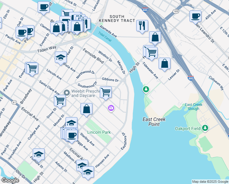 map of restaurants, bars, coffee shops, grocery stores, and more near 3201 Monte Vista Avenue in Alameda