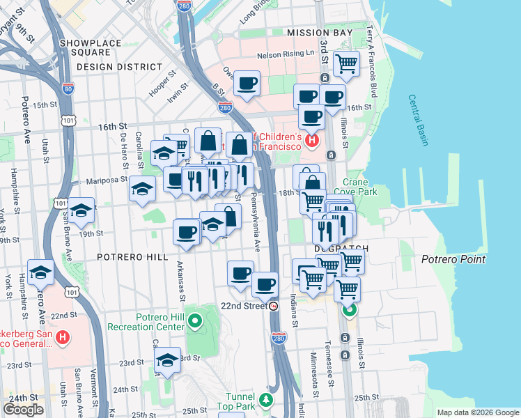 map of restaurants, bars, coffee shops, grocery stores, and more near 600 Indiana Street in San Francisco