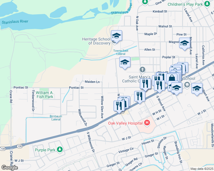 map of restaurants, bars, coffee shops, grocery stores, and more near 72 Lezlie Court in Oakdale