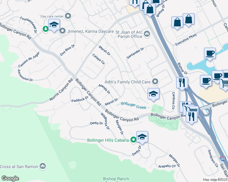 map of restaurants, bars, coffee shops, grocery stores, and more near 2516 Toltec Circle in San Ramon