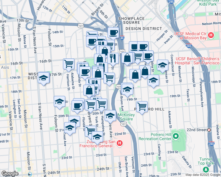 map of restaurants, bars, coffee shops, grocery stores, and more near 593 Potrero Avenue in San Francisco