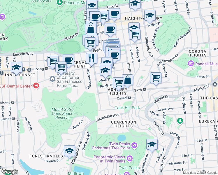 map of restaurants, bars, coffee shops, grocery stores, and more near 1332 Shrader Street in San Francisco
