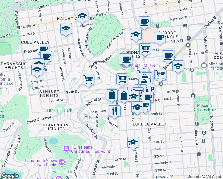 map of restaurants, bars, coffee shops, grocery stores, and more near Ord Street in San Francisco