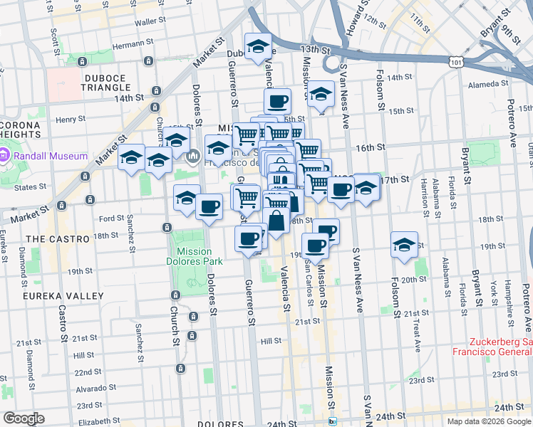 map of restaurants, bars, coffee shops, grocery stores, and more near 16 Bird Street in San Francisco