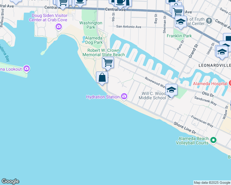 map of restaurants, bars, coffee shops, grocery stores, and more near 933 Shore Line Drive in Alameda