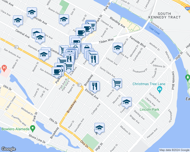 map of restaurants, bars, coffee shops, grocery stores, and more near 2608 Central Avenue in Alameda