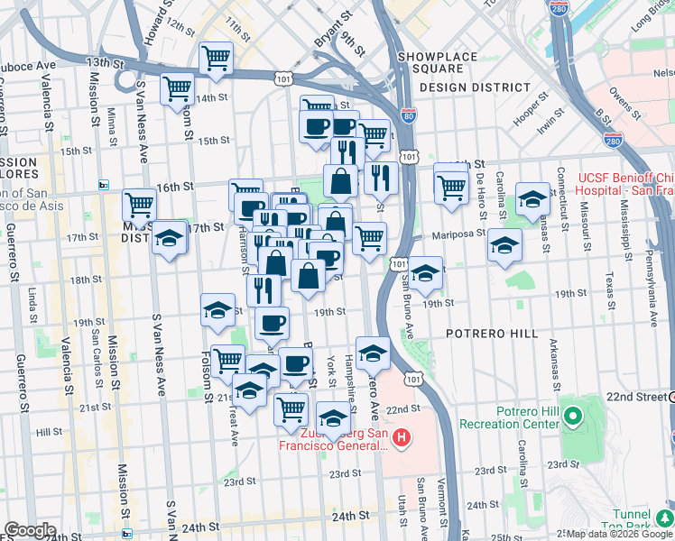 map of restaurants, bars, coffee shops, grocery stores, and more near 535 York Street in San Francisco