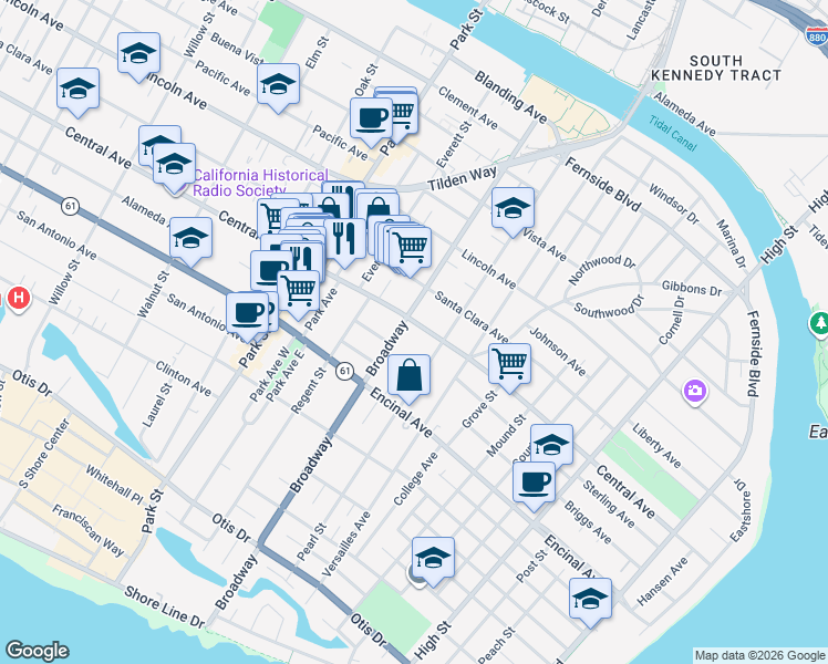 map of restaurants, bars, coffee shops, grocery stores, and more near 1377 Broadway in Alameda