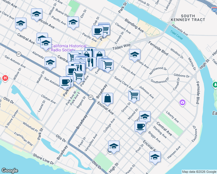 map of restaurants, bars, coffee shops, grocery stores, and more near 2608 Central Avenue in Alameda