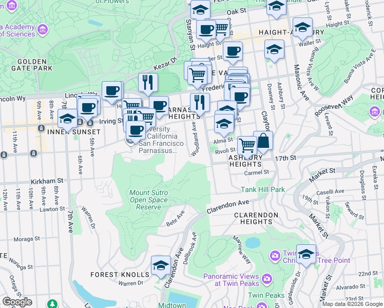 map of restaurants, bars, coffee shops, grocery stores, and more near 1515 Willard Street in San Francisco