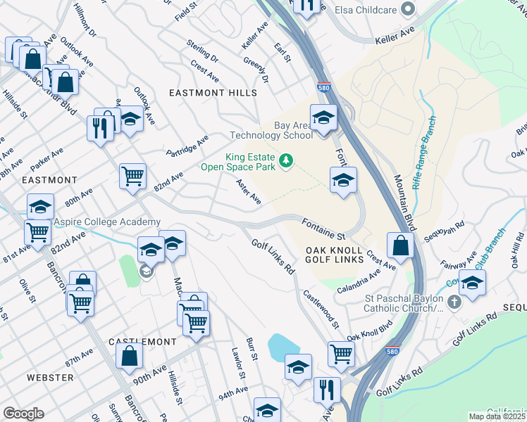 map of restaurants, bars, coffee shops, grocery stores, and more near 8497 Ney Avenue in Oakland