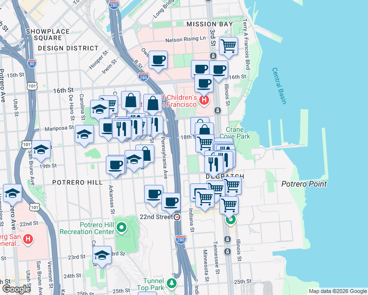 map of restaurants, bars, coffee shops, grocery stores, and more near 680 Indiana Street in San Francisco