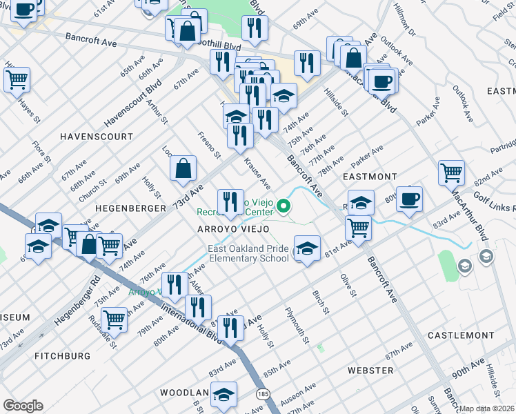 map of restaurants, bars, coffee shops, grocery stores, and more near 7532 Deerwood Avenue in Oakland