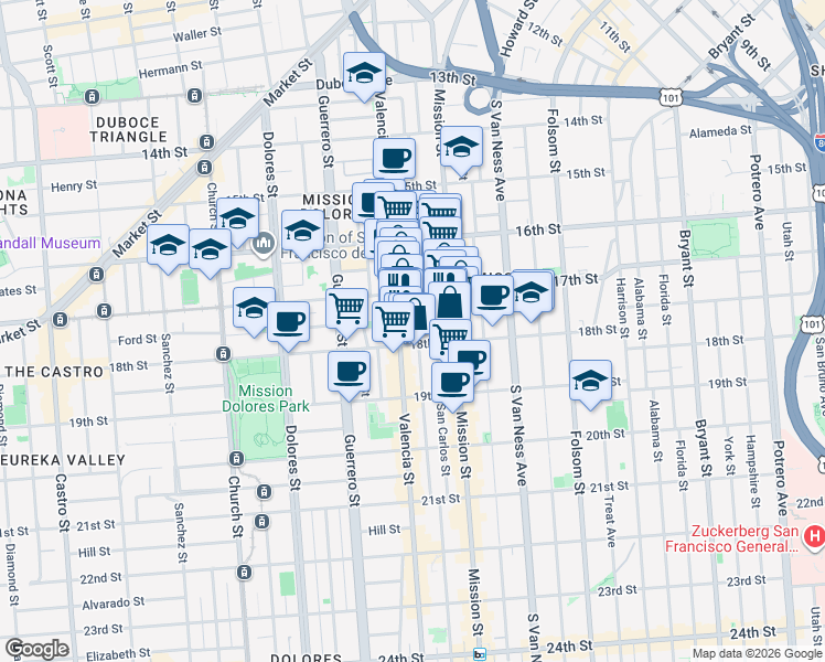 map of restaurants, bars, coffee shops, grocery stores, and more near 661 Valencia Street in San Francisco