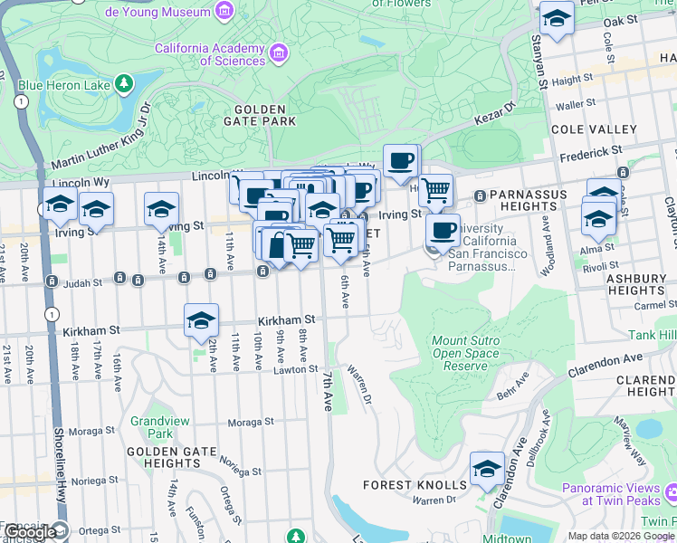 map of restaurants, bars, coffee shops, grocery stores, and more near 1388 6th Avenue in San Francisco