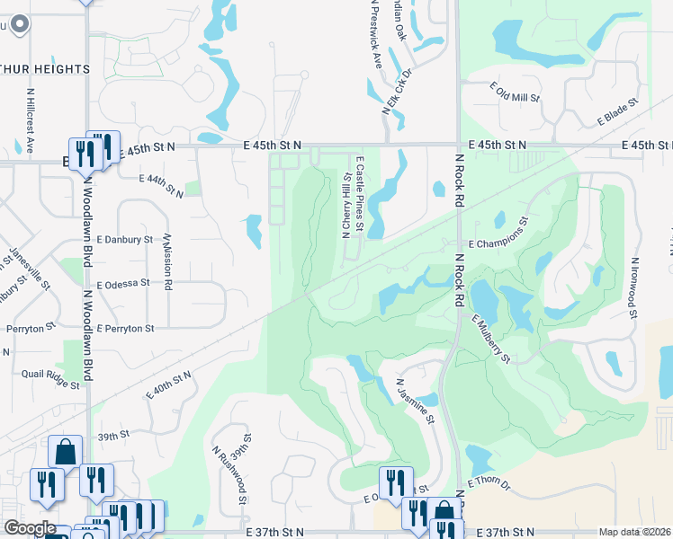 map of restaurants, bars, coffee shops, grocery stores, and more near 4317 North Cherry Hill Street in Wichita