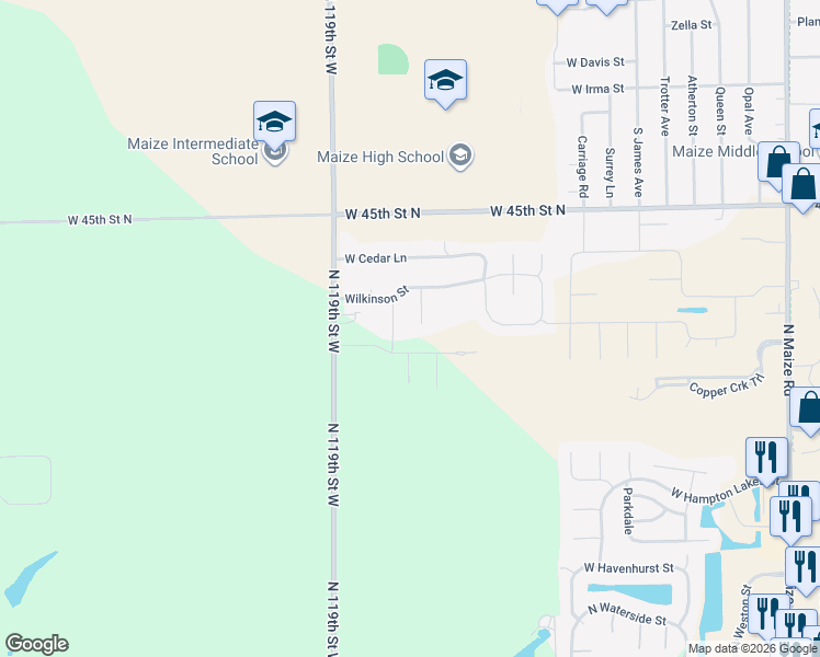 map of restaurants, bars, coffee shops, grocery stores, and more near 11739 Wilkinson Court in Maize