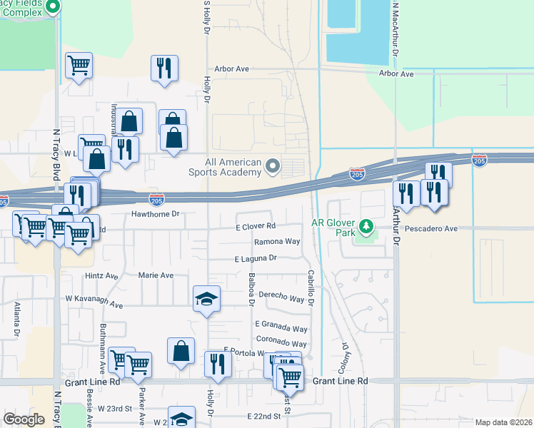 map of restaurants, bars, coffee shops, grocery stores, and more near 3500 Surrey Drive in Tracy