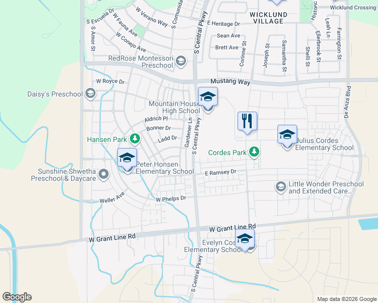 map of restaurants, bars, coffee shops, grocery stores, and more near 1211 South Central Parkway in Tracy
