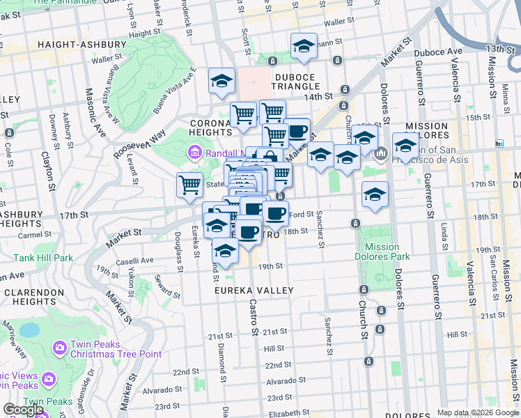 map of restaurants, bars, coffee shops, grocery stores, and more near in San Francisco