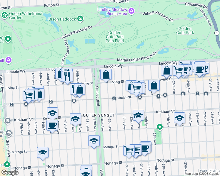 map of restaurants, bars, coffee shops, grocery stores, and more near 3401 Irving Street in San Francisco