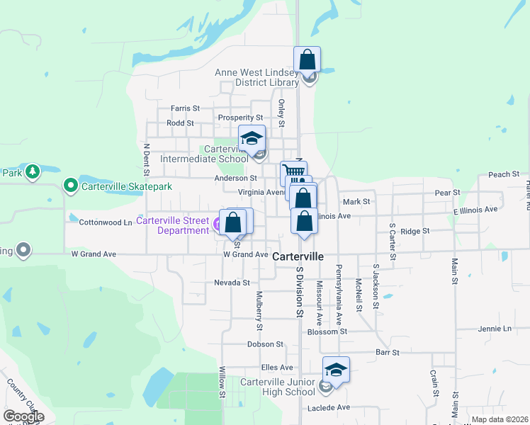 map of restaurants, bars, coffee shops, grocery stores, and more near in Carterville